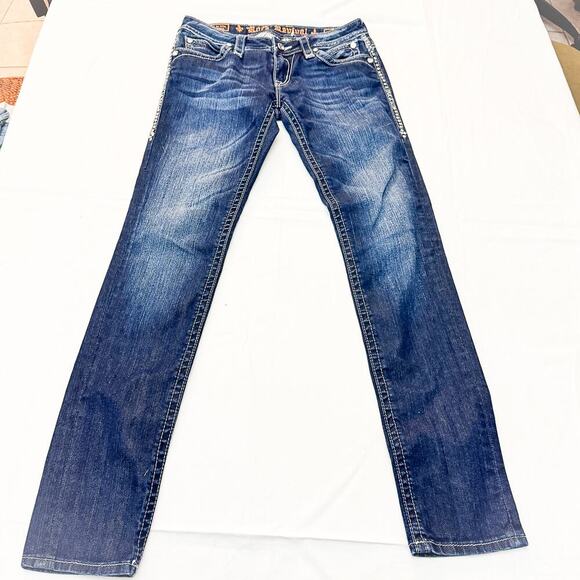 Rock Revival Johanna Skinny Dark Wash Denim Jeans Embellished Tab Pocket Size 28 - Picture 2 of 10